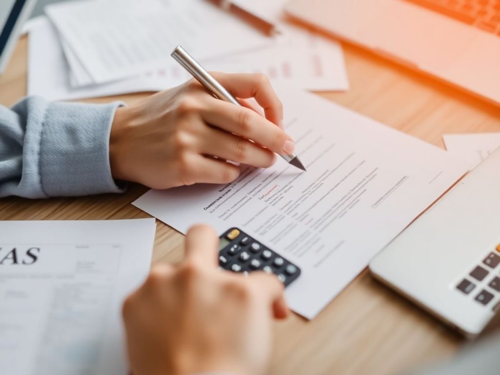 Persoană completând o declarație fiscală la birou.