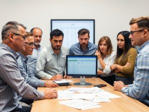 AlertaFiscala 38 Oameni îngrijorați la birou, calculator, documente