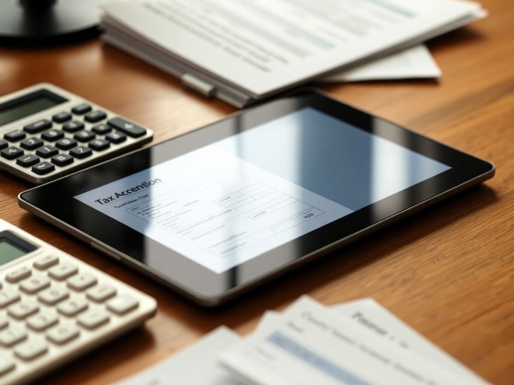 Calculator, tabletă și documente fiscale pe un birou.