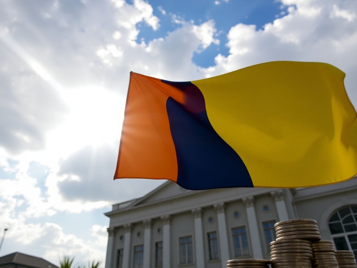 Bani și clădiri governmental în fața unui cer înnorat.