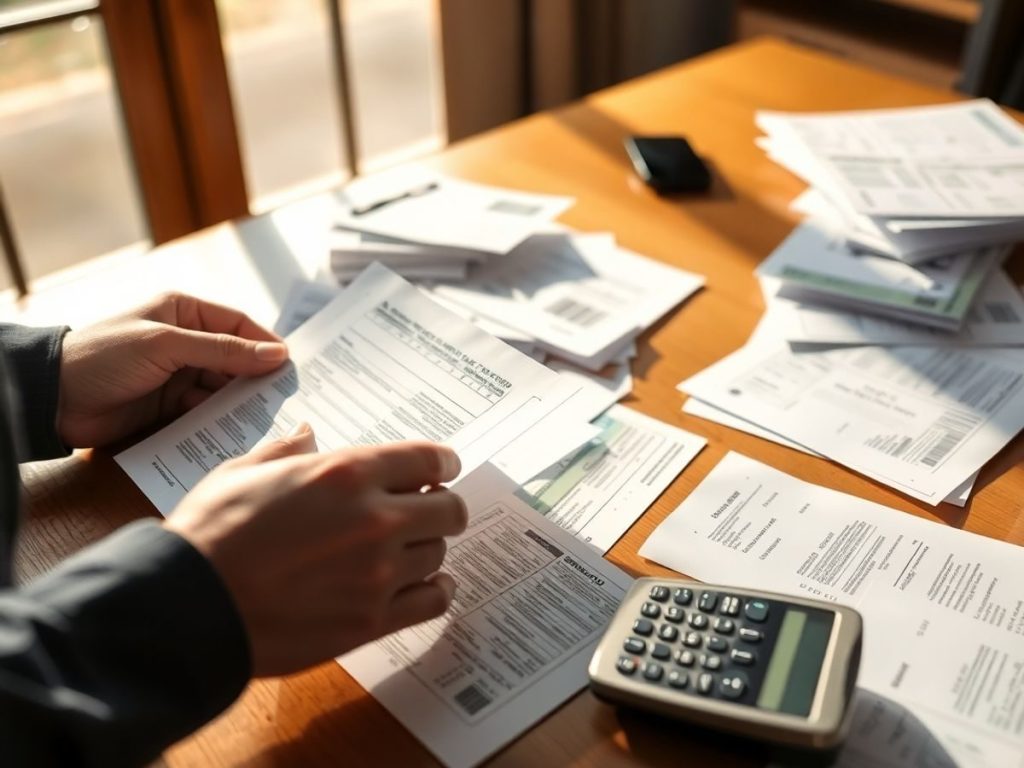 Freelancer lucrând cu documente fiscale.