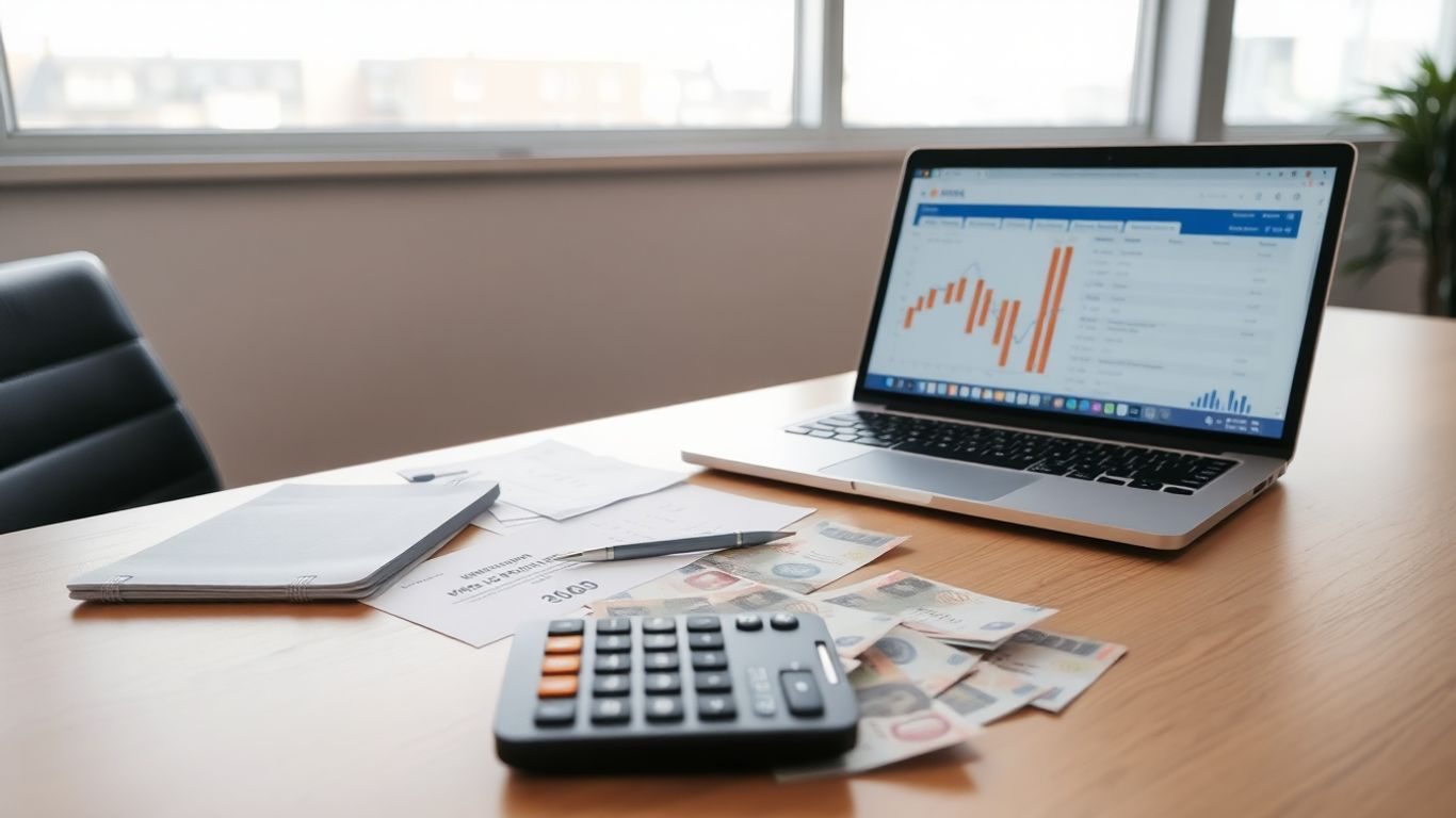 Birou modern cu bancnote, facturi și calculator fiscal