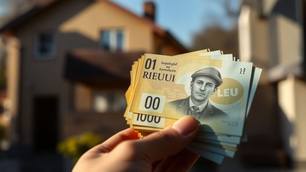 Mână cu bani și clădire în fundal.